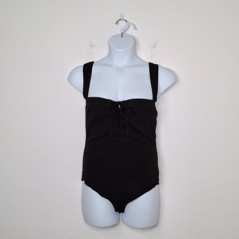 Intimately Free People Bodysuit Sz M Lace Up Minimalist Neutral Cottagecore